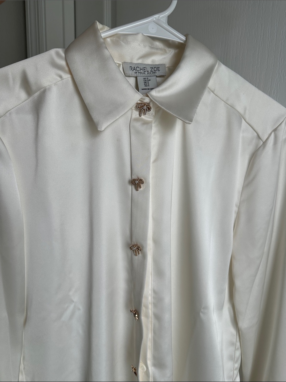 Rachel Zoe Ivory Satin Button-Up Shirt with Gold Bee Buttons